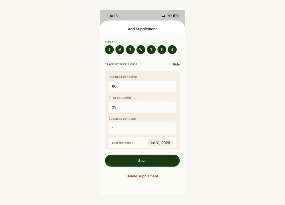 SuppAlarm Add Supplement screen showing restock and cost tracking fields: capsules per bottle, price per bottle, and last restocked date