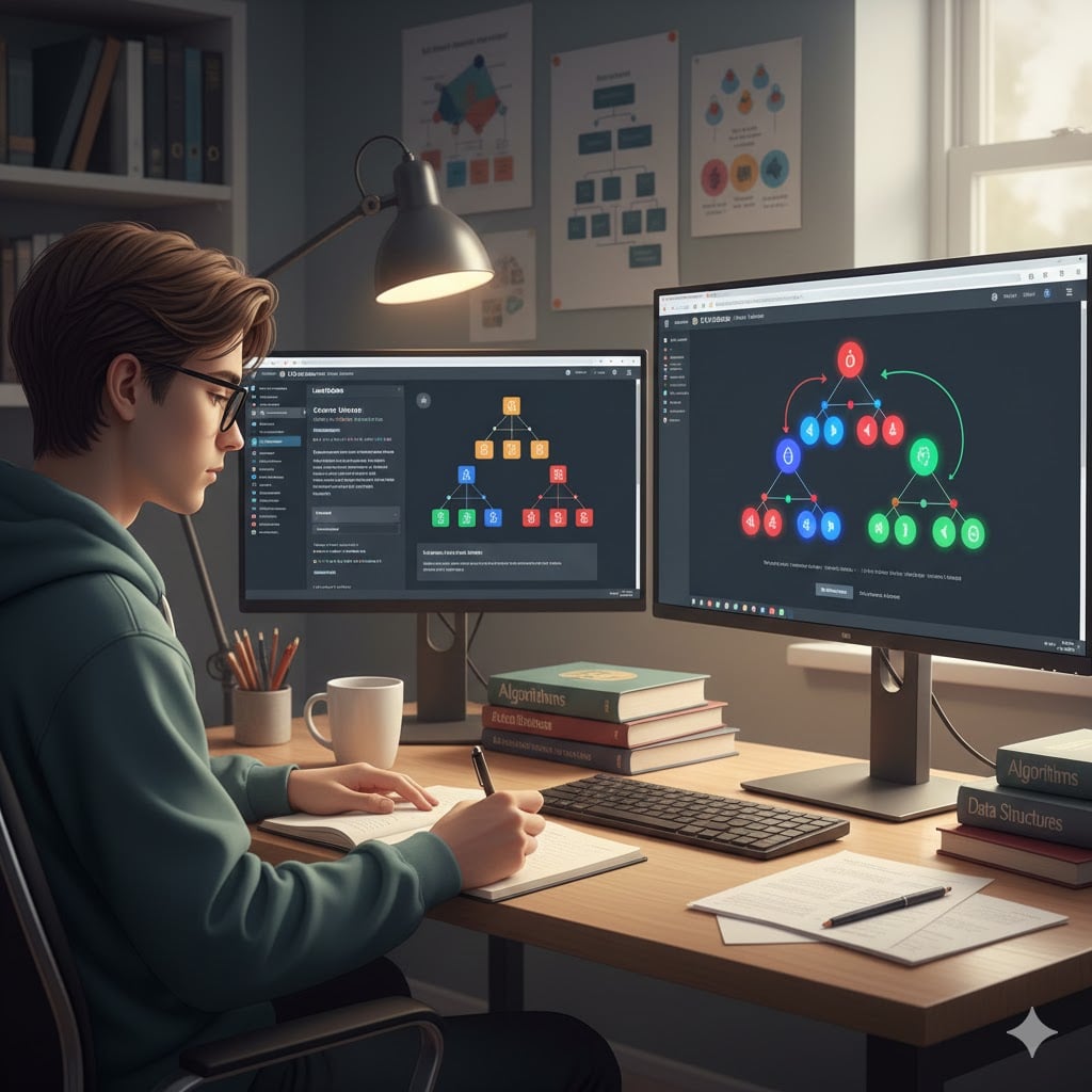 Realistic CS student workspace with dual monitors showing LeetCode binary tree problem and VisuAlgo tree traversal animation with nodes lighting up in sequence, student taking notes, data structure posters on wall, algorithms textbooks, coffee mug, modern dorm setup