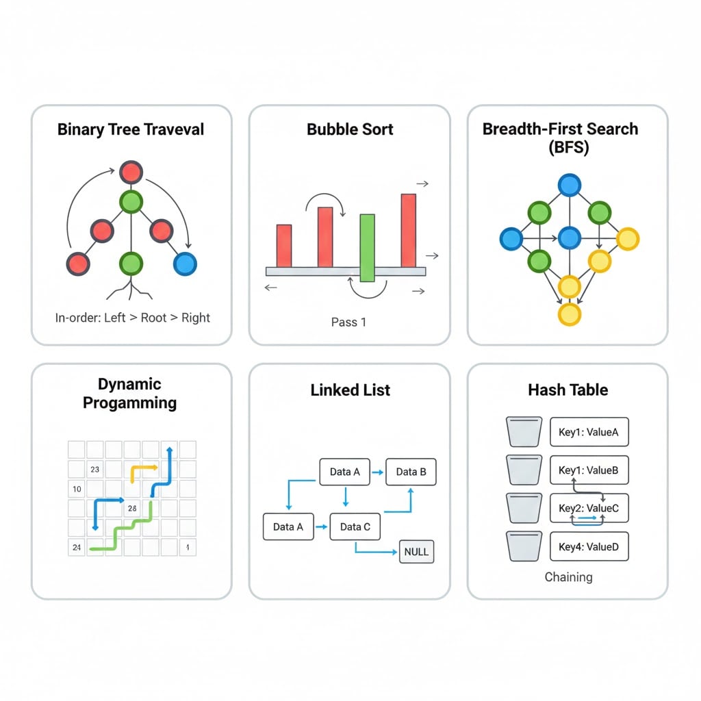 VisuAlgo algorithm visualization examples grid showing 6 animations - binary tree traversal with colored nodes and arrows, bubble sort array with swapping bars, graph BFS search with highlighted nodes, dynamic programming grid with solution path, linked list with pointers, and hash table with collision resolution