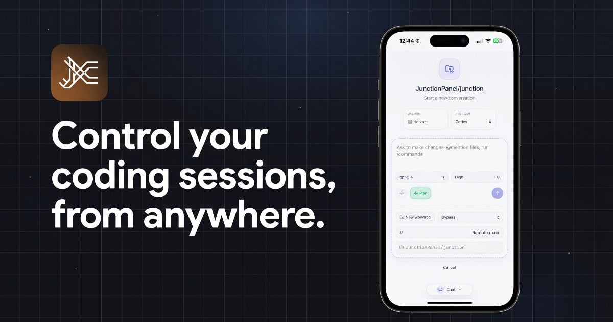 Junction dashboard showing AI coding agent control panel with real-time diff viewer, approval workflow, and mobile remote access for Claude Code and Codex