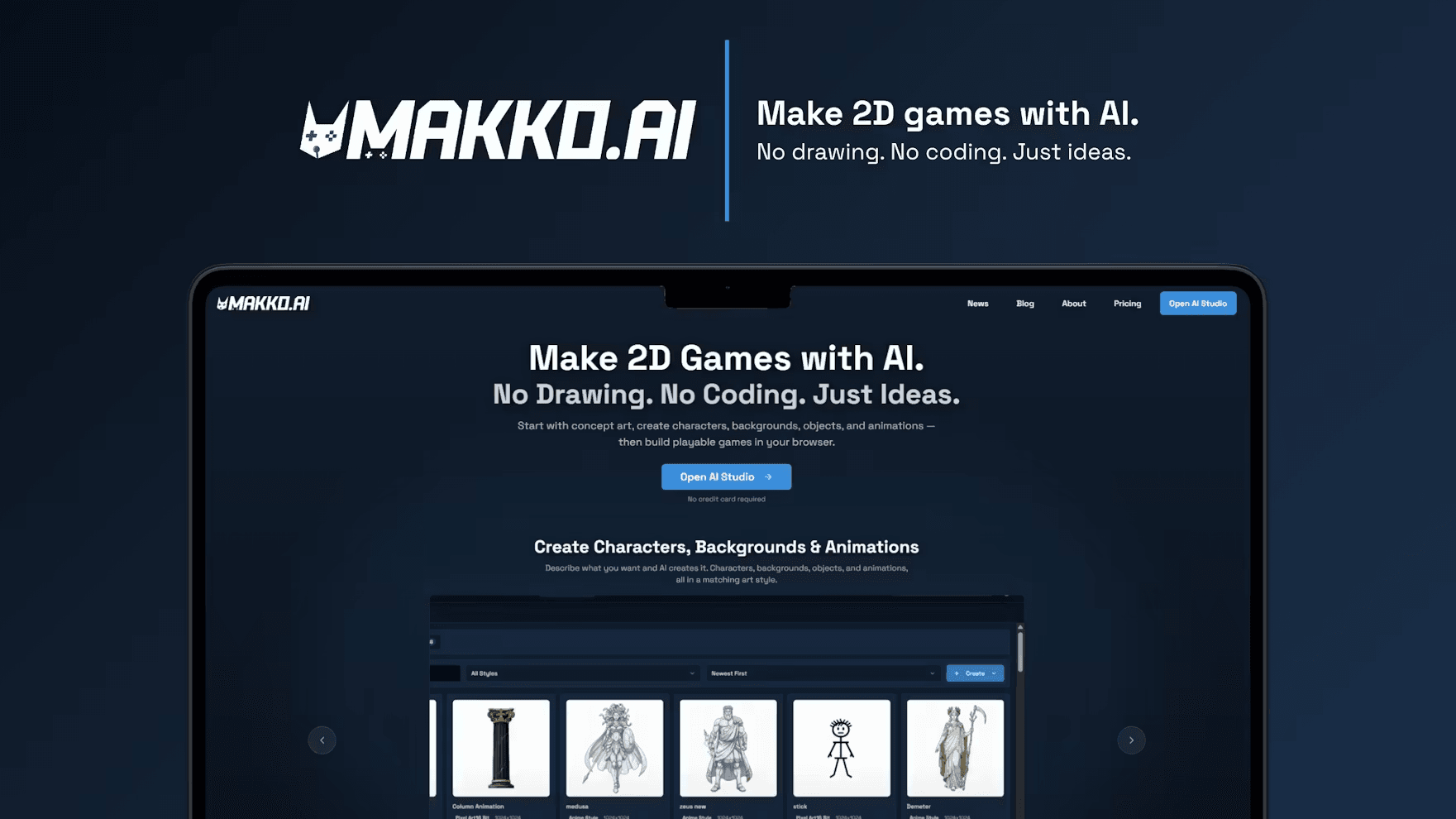 Makko AI 2D game studio interface showing AI-generated characters, backgrounds, and animations with Collections style-consistency system