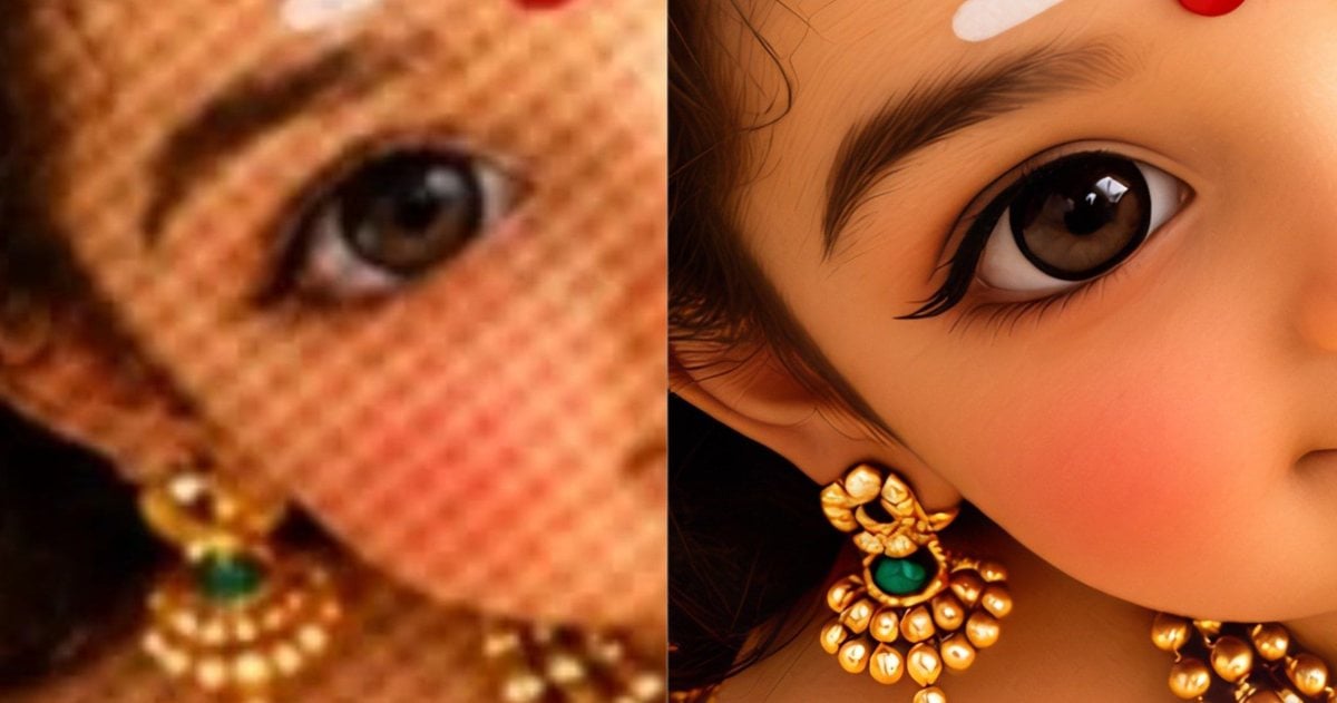 ResLeap before and after comparison: a blurry, pixelated close-up of a portrait on the left and the same image upscaled with sharp detail on the right