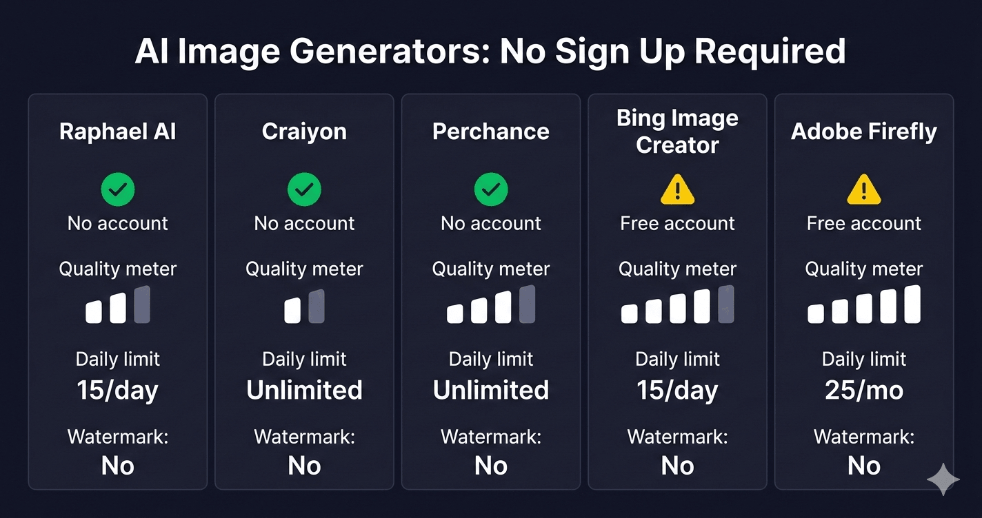 AI image generators no sign up comparison: Raphael AI, Craiyon, Perchance, Bing Image Creator, Adobe Firefly