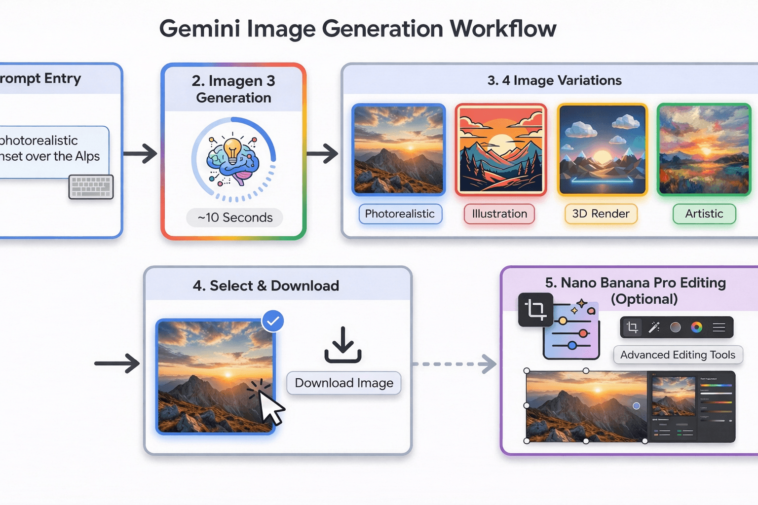 Gemini Image Generation Workflow showing Imagen 3 process with Nano Banana Pro editing