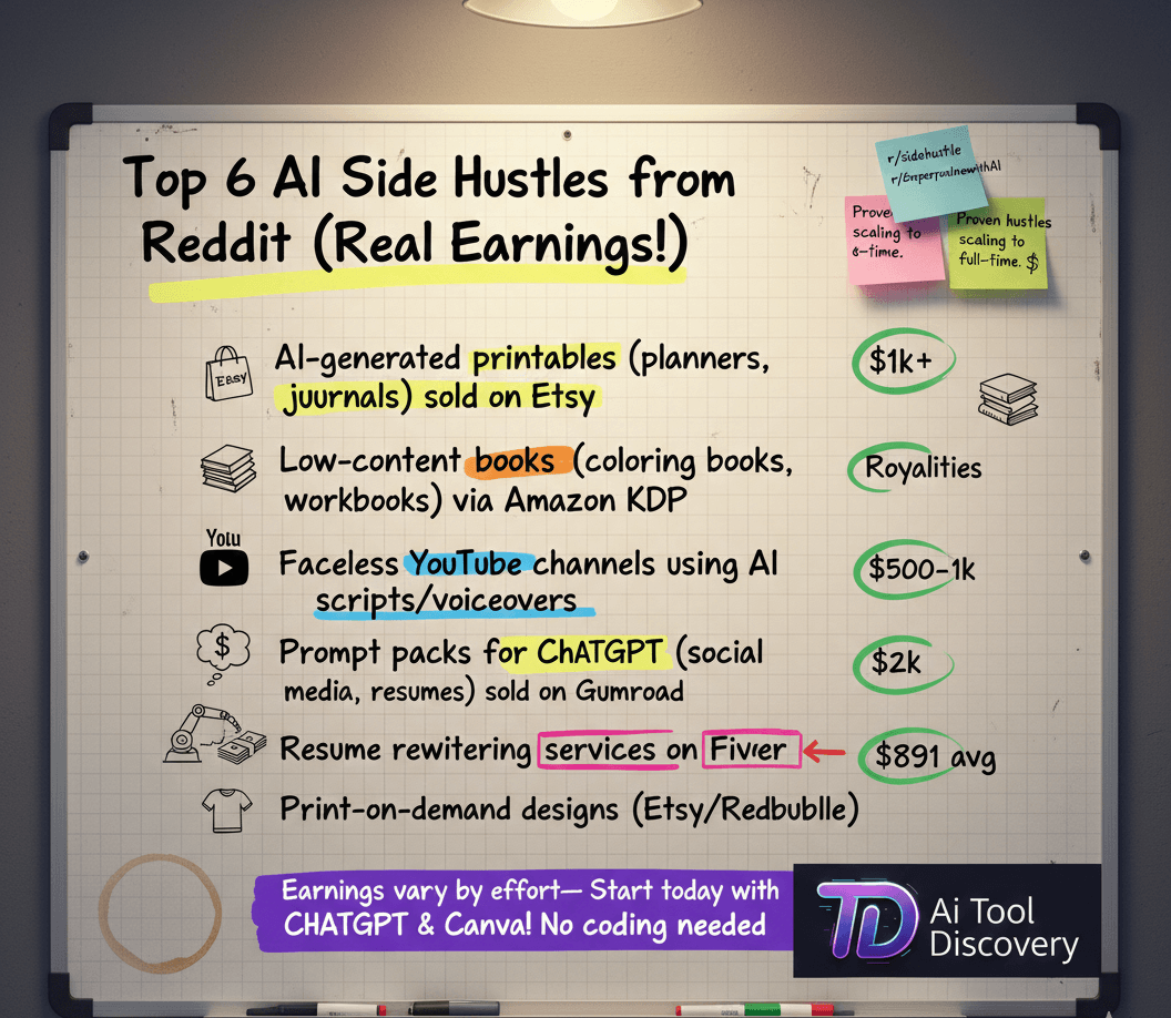 AI Side Hustle Ideas recommended by Reddit communities in 2026 - top tools and income ranges