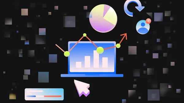 Abstract analytics dashboard graphic with a laptop, bar and pie charts, and a rising trend line representing AI ad performance data