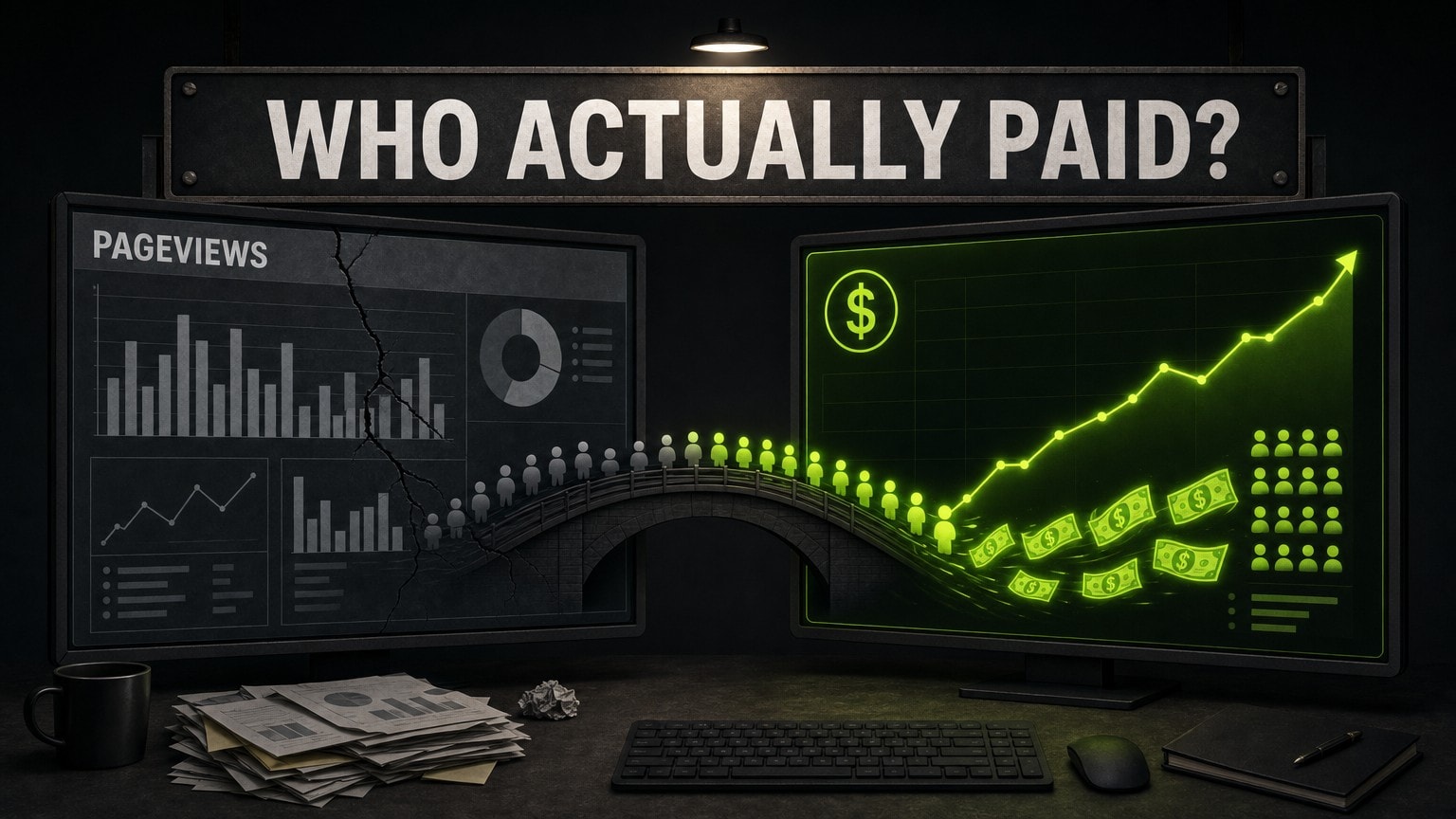 Split dashboard comparing pageview tracking against revenue attribution, asking who actually paid
