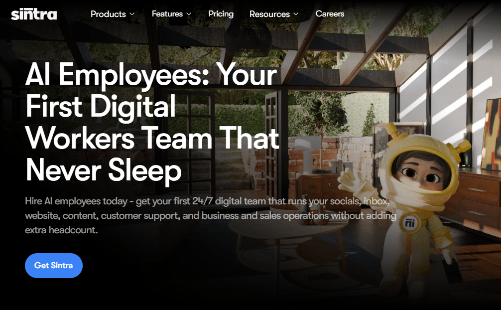 Sintra AI homepage showing AI Employees digital workers team that never sleep with 12 AI helpers for solopreneurs and small businesses