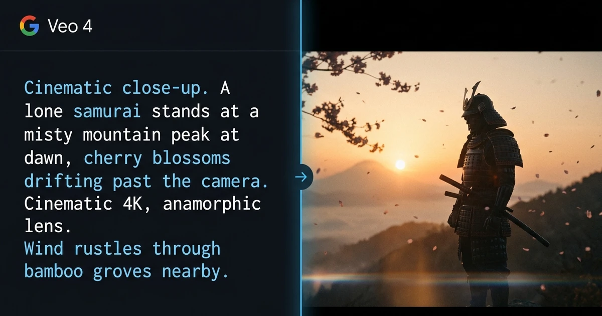 Veo 4 prompts example: structured text prompt on the left and cinematic samurai video output on the right, generated by Google Veo 4