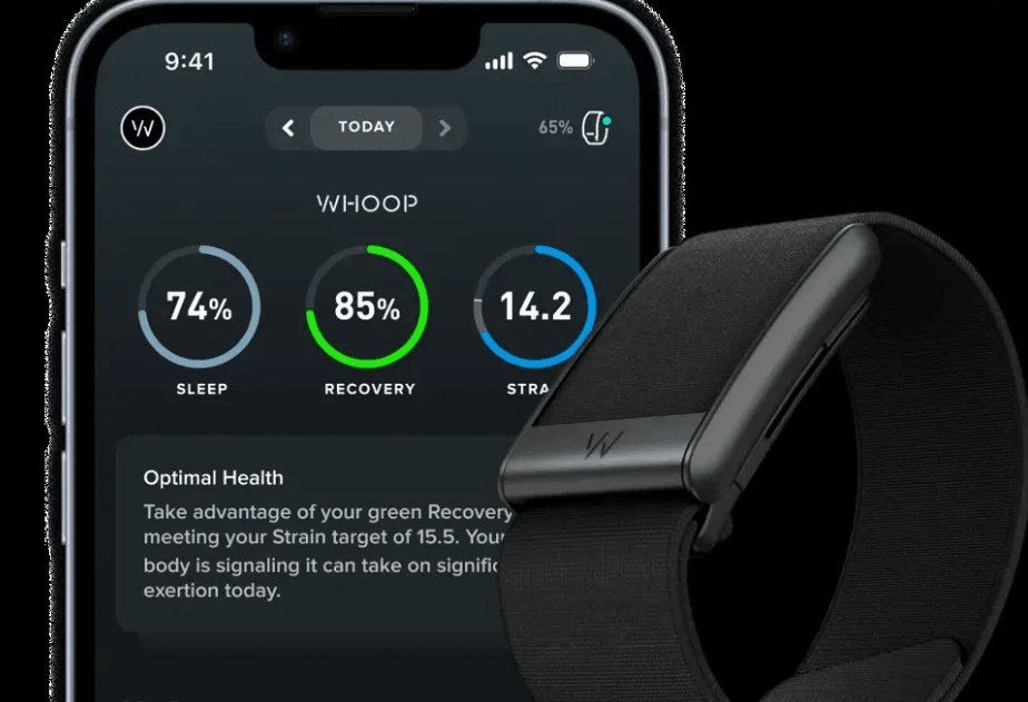 Whoop 5.0 fitness tracker wristband with app showing AI recovery percentage and daily strain score