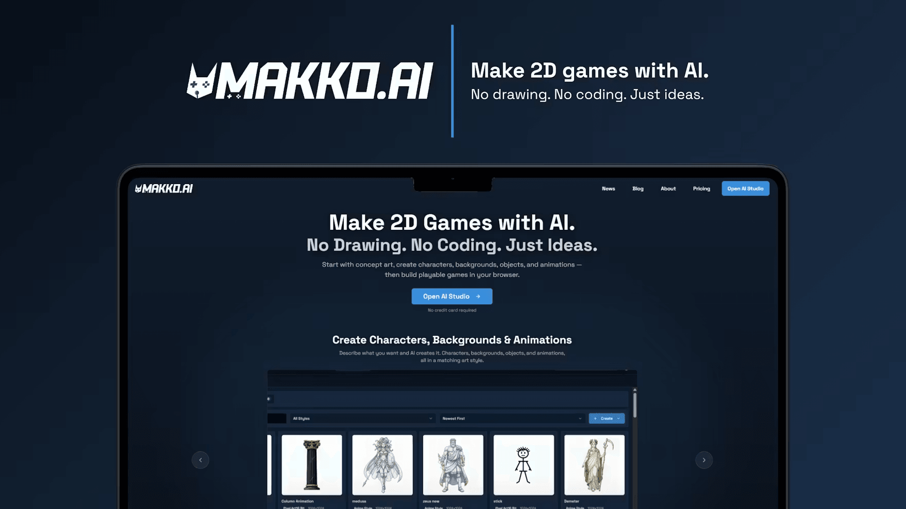 Best AI game maker tools 2026 -- Makko AI 2D game studio showing AI-generated characters, backgrounds, and animations