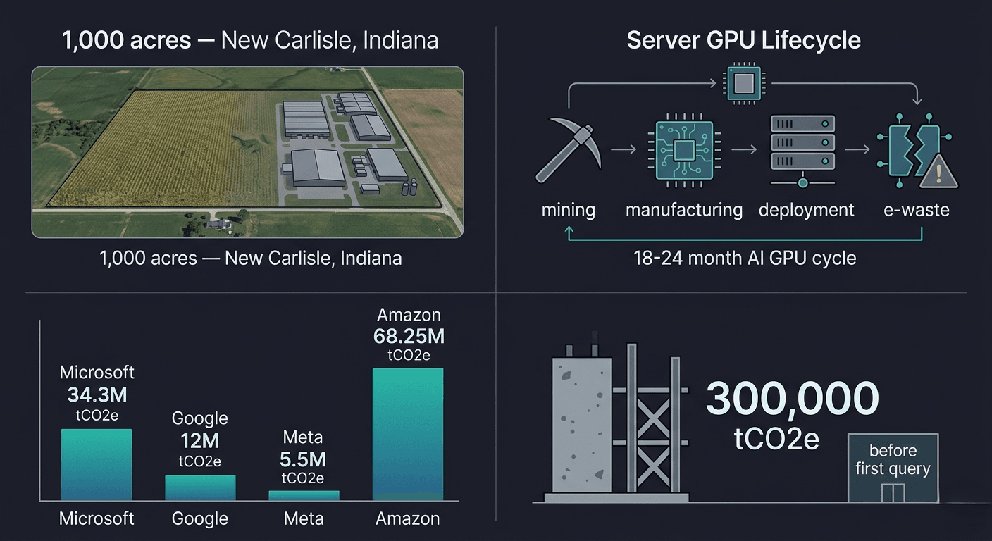AI data center environmental impact 2026 four-quadrant infographic: 1,000-acre land conversion in New Carlisle Indiana, server GPU lifecycle diagram with 18-24 month replacement cycle, Scope 1-3 emissions comparison bar chart for Microsoft 34.3M Google 12M Meta 5.5M Amazon 68.25M tCO2e, and 300,000 tCO2e embodied carbon from construction before first query
