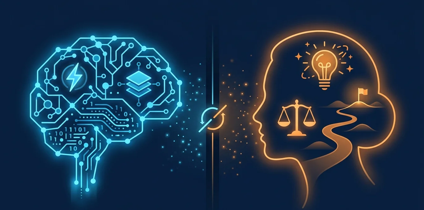 AI's main strengths compared to humans: speed and scale on one side, judgment and reasoning on the other