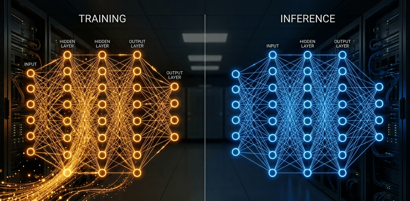 Split-screen neural network diagram: left side shows AI training with amber-glowing nodes and dense data streams through input, hidden, and output layers; right side shows AI inference with cool blue nodes processing a single query in a completed network, dark data center background