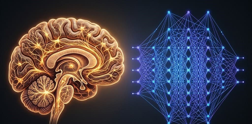 Human brain lit with golden neural pathways beside a blue AI neural network diagram, illustrating the scientific debate over whether AI can become sentient or conscious in 2026