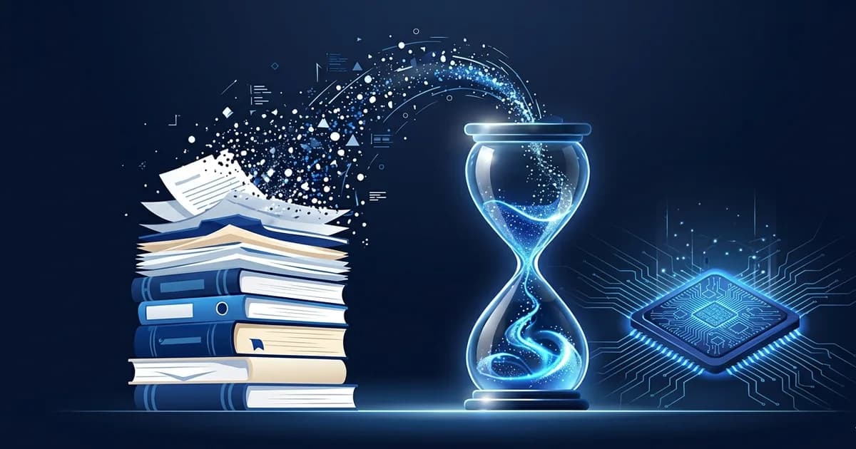 Stack of documents shrinking into an hourglass beside a glowing AI processor chip, representing the AI training data shortage
