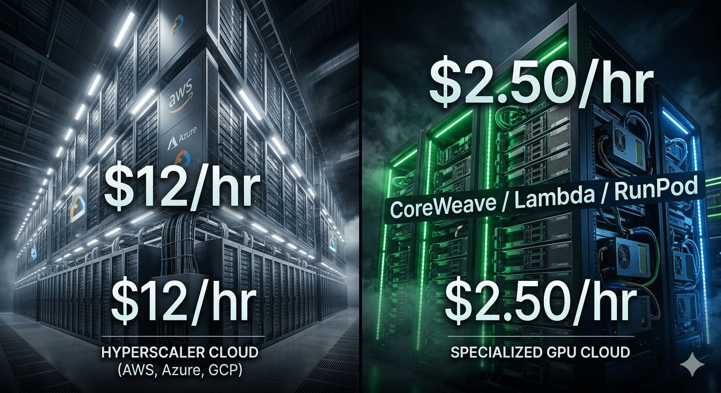 Split comparison showing hyperscaler cloud (AWS, Azure, GCP) server racks priced at $12/hr on the left versus specialized GPU cloud (CoreWeave, Lambda, RunPod) server racks priced at $2.50/hr on the right, with green LED lighting on the specialized side and white enterprise lighting on the hyperscaler side