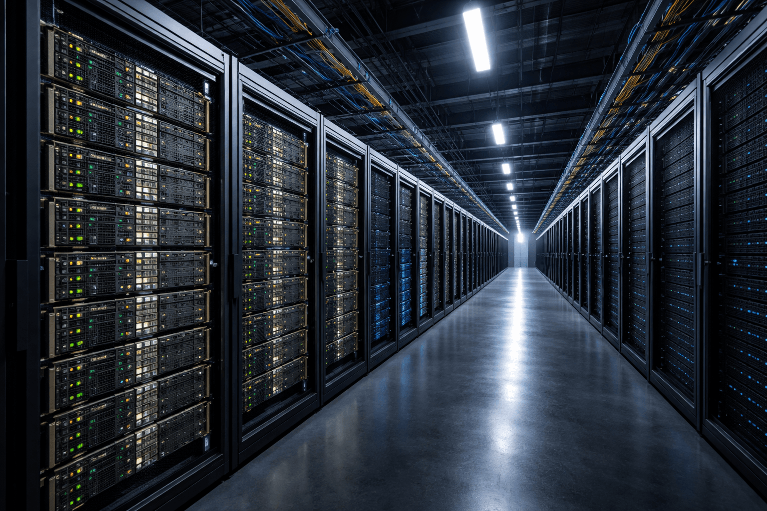 CoreWeave GPU data center interior showing rows of NVIDIA H100 servers with blue LED lighting and high-density rack infrastructure