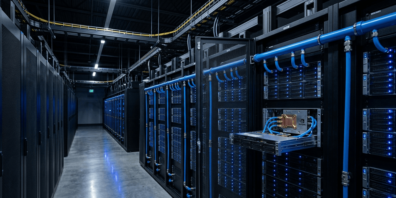Dark data center aisle with rows of black server racks on both sides, blue liquid cooling pipes running vertically along rack exteriors and overhead cable trays, blue LED indicator strips on servers creating ambient lighting, open rack panel on right revealing copper-colored internal components, long corridor perspective with ceiling light at far end