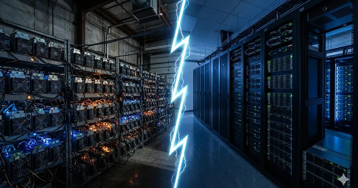 Split-screen photo of Bitcoin mining rigs beside an AI data center server aisle, divided by a glowing blue lightning bolt
