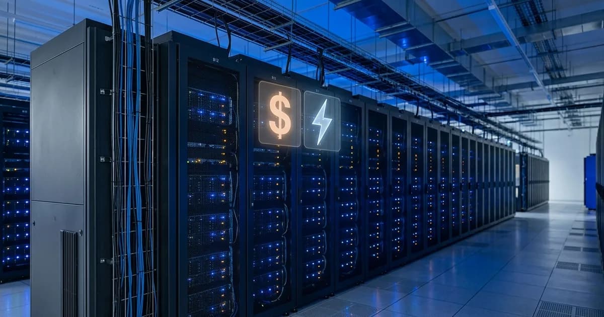 Data center server rack aisle with illuminated dollar sign and lightning bolt icons showing power billing