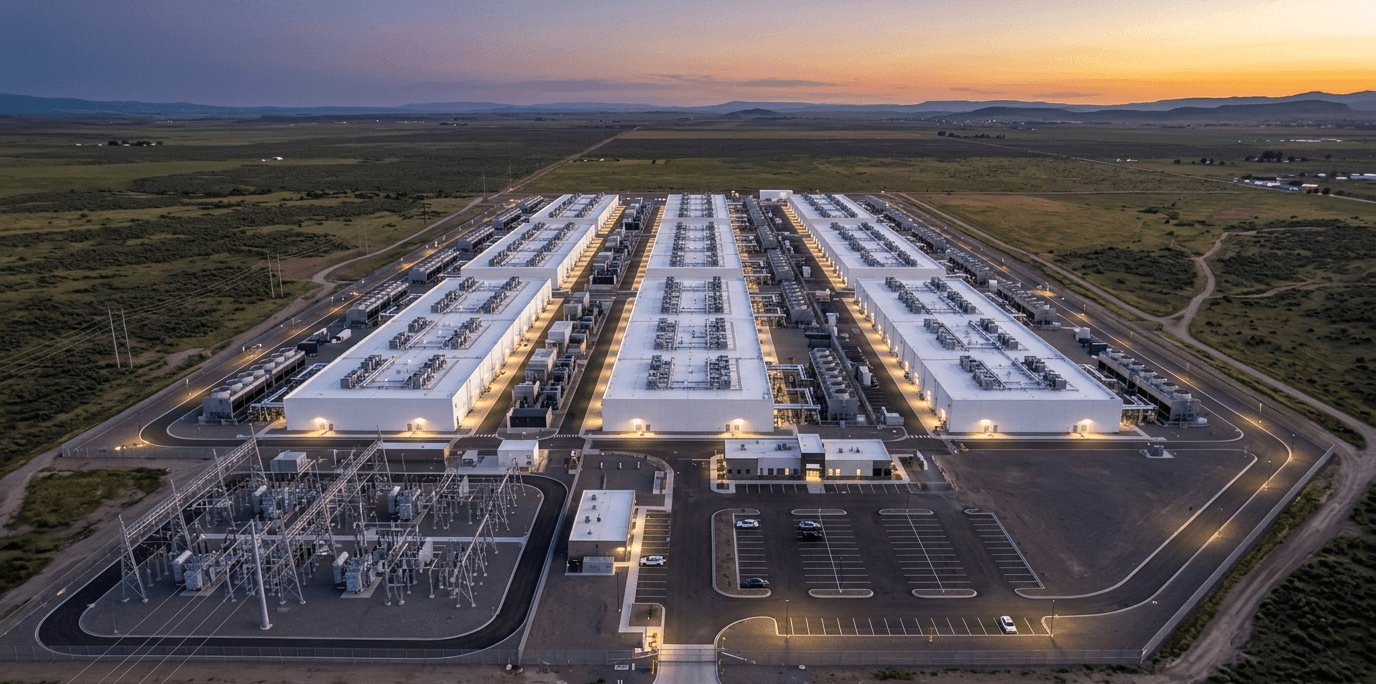 Aerial view of a hyperscale data center campus at sunset showing parallel server halls, cooling units, electrical substation, and surrounding semi-rural landscape