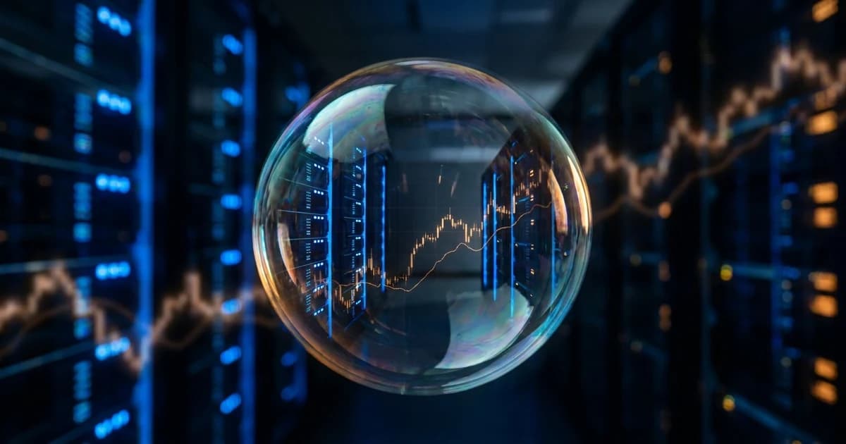A translucent bubble reflecting glowing data center server racks and an upward stock market chart line, symbolizing the AI investment bubble debate