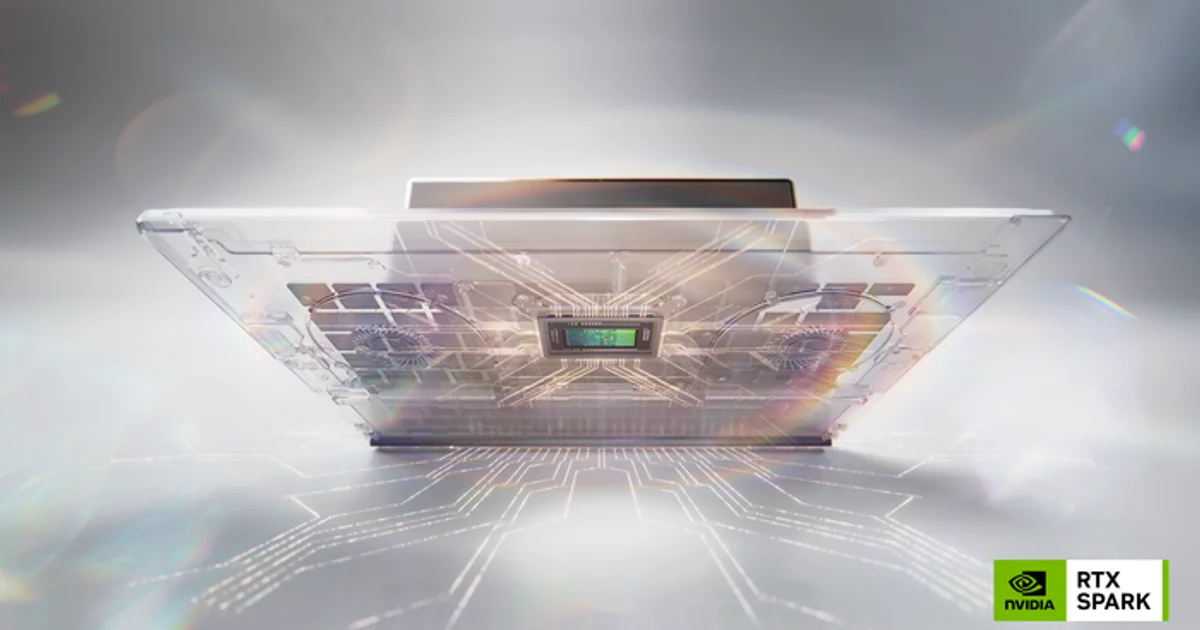NVIDIA RTX Spark laptop shown translucent, revealing the Grace Blackwell superchip and glowing circuit traces inside