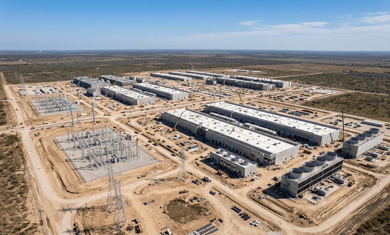 Aerial drone photograph of the Stargate AI data center campus under construction in Abilene Texas, showing rows of large grey server hall buildings with white roofs, a high-voltage electrical substation with transmission towers on the left, cylindrical cooling towers on the right, construction cranes, dirt access roads, and flat Texas scrubland stretching to the horizon