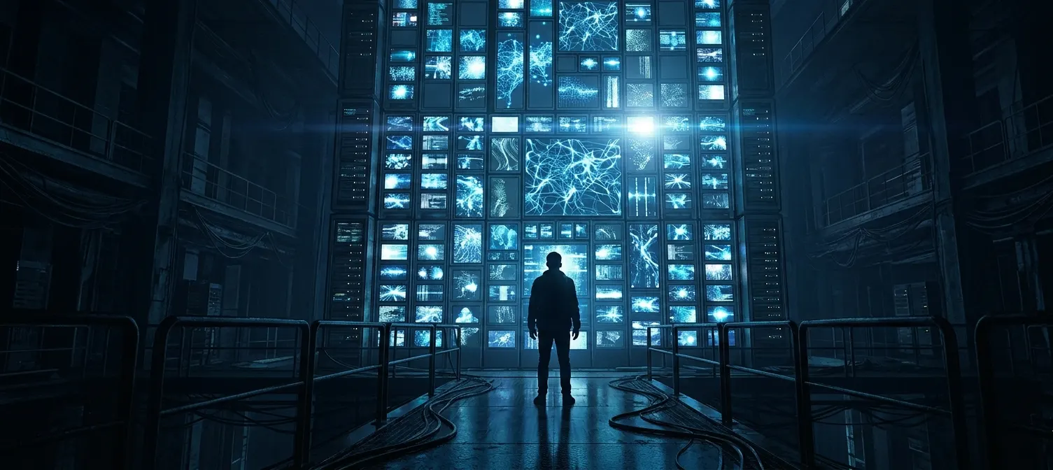 Silhouette of a person facing a wall of glowing AI data screens, representing fears about AI taking control