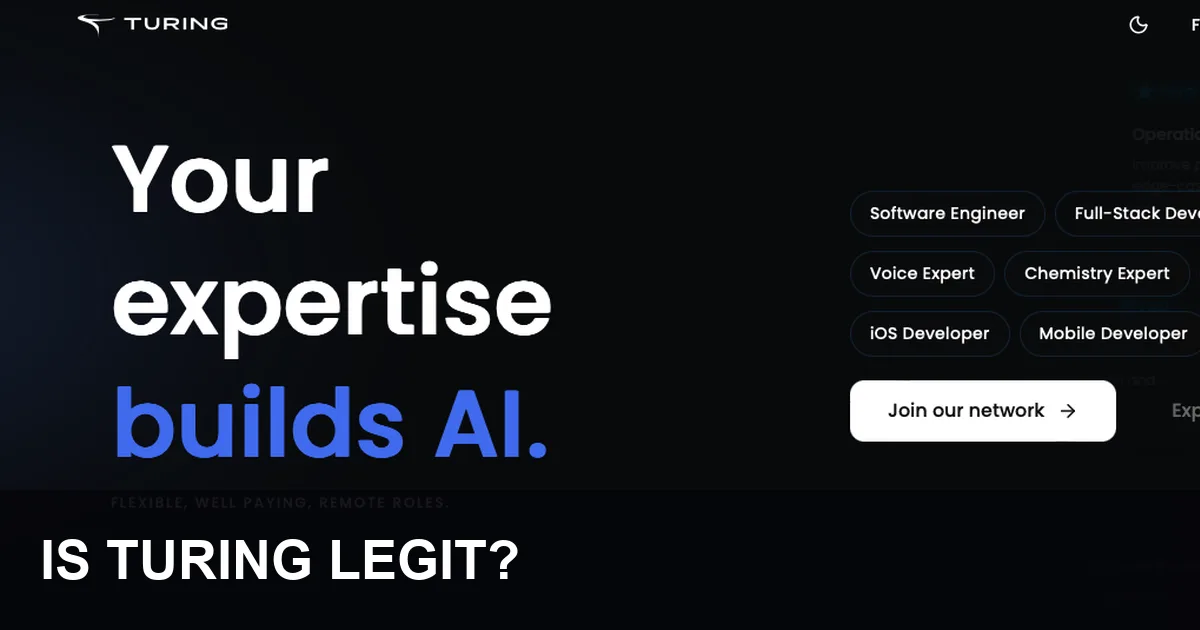 Turing homepage screenshot with is Turing legit text overlay