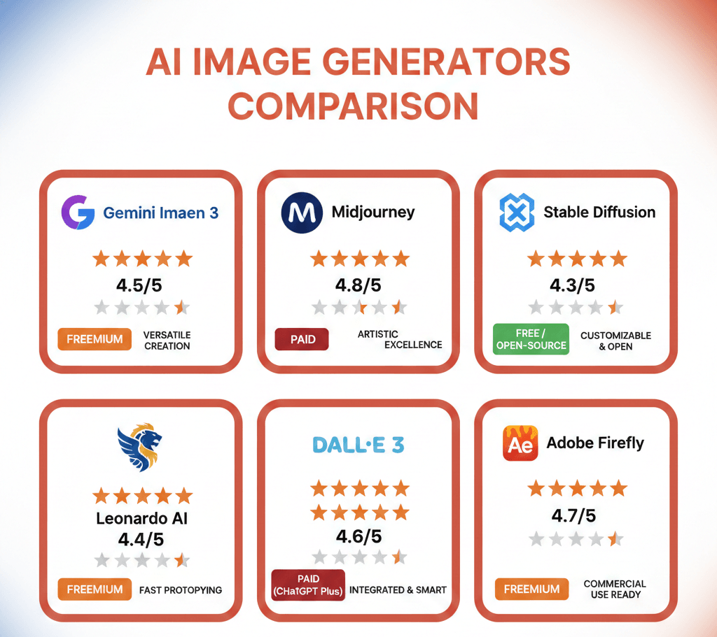 AI Image Generators Comparison showing ratings and pricing