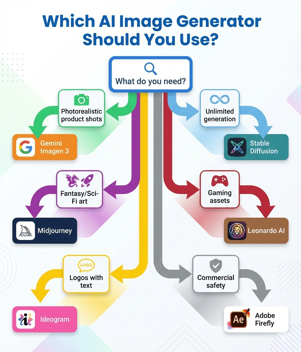 Decision flowchart showing which AI image generator to use based on your needs