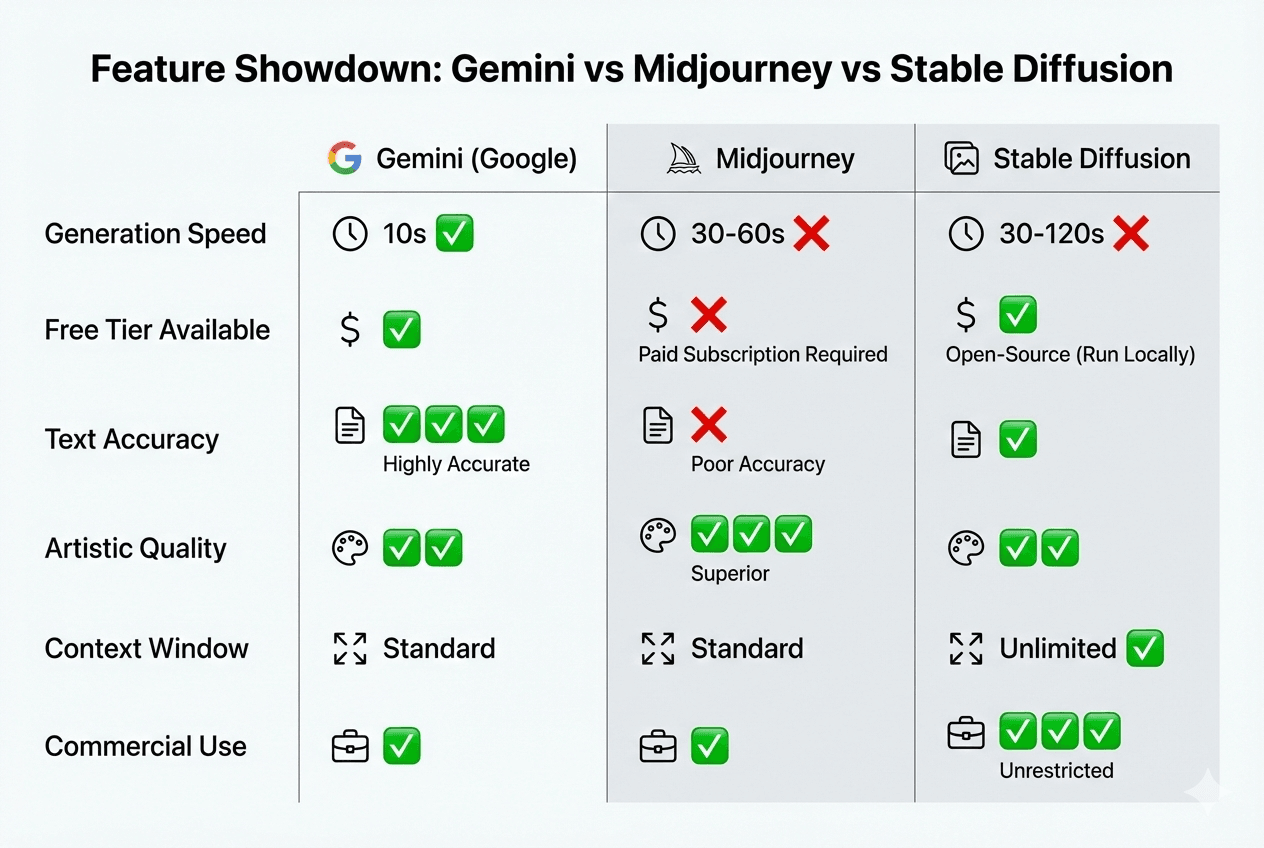 Feature Showdown comparing Gemini, Midjourney, and Stable Diffusion capabilities