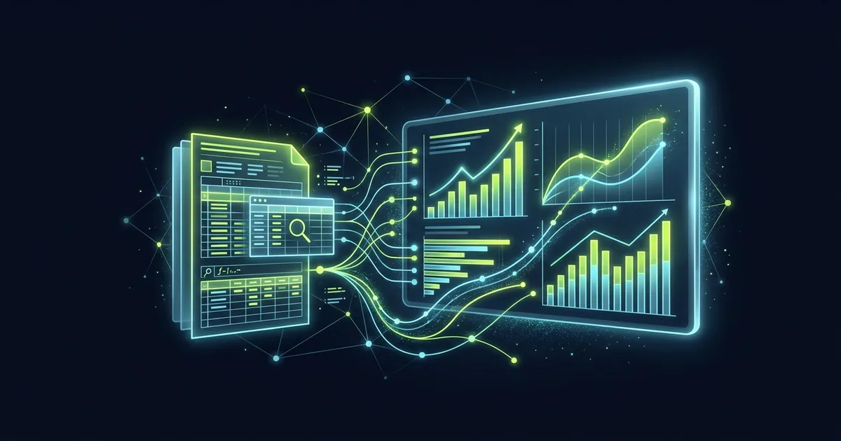 Business analyst AI tools shown as a glowing dashboard connected to spreadsheet and document data streams