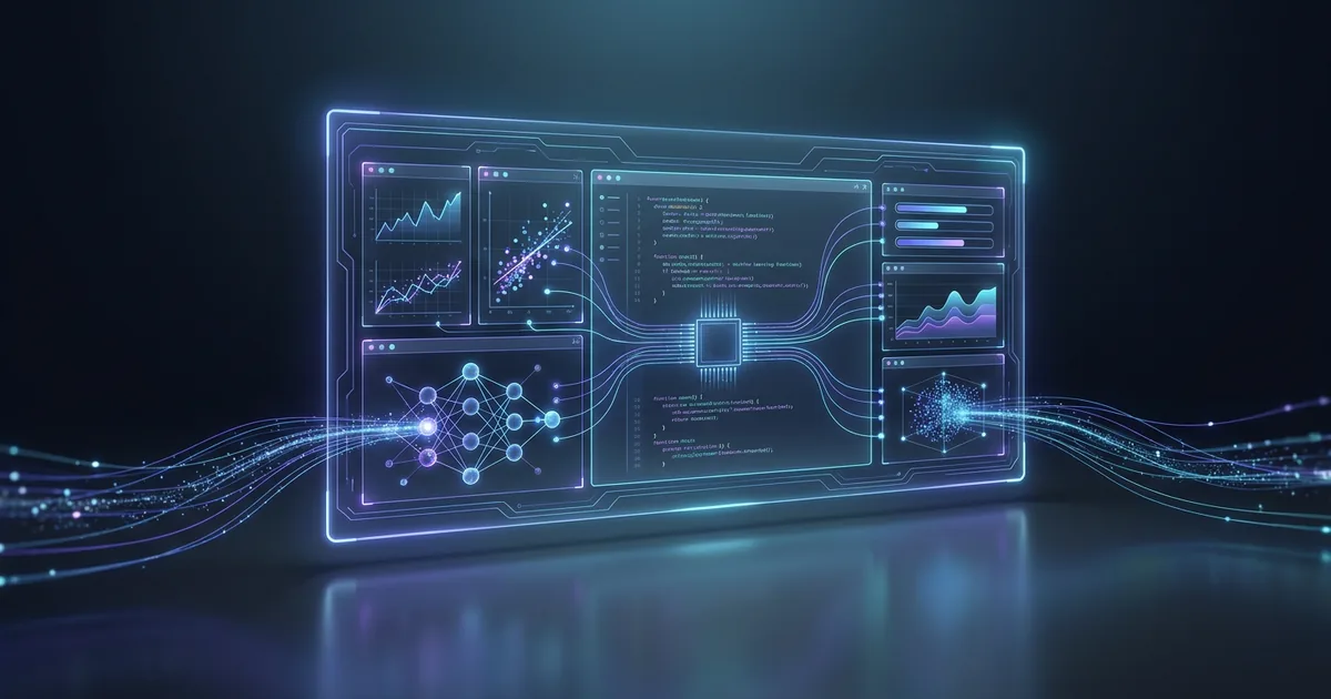 Data scientist AI tools shown as a glowing dashboard connecting code, charts, and a neural network