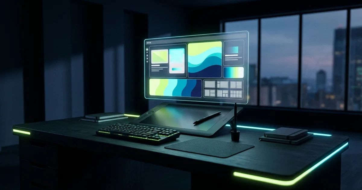 A graphic designer's desk with a glowing AI dashboard surrounded by mockups, color palettes, and layout tools