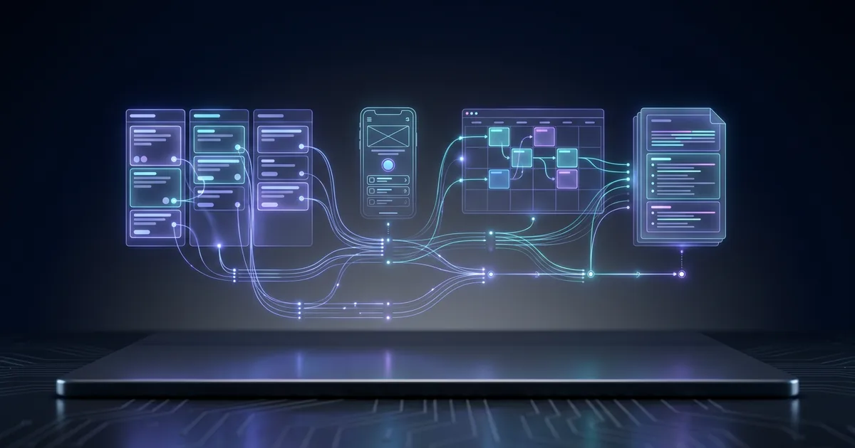 Product manager AI tools shown as a glowing roadmap dashboard connecting documents, prototypes, and analytics