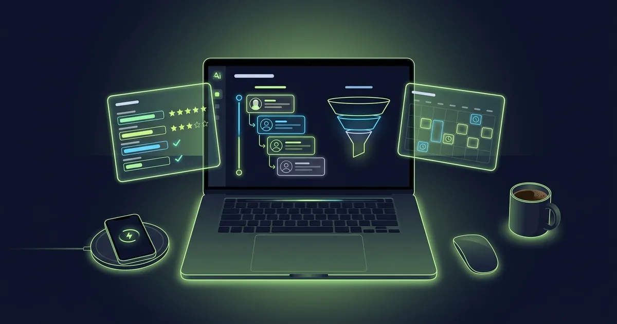 A recruiter's desk with a glowing AI dashboard showing a candidate pipeline, sourcing lists, and interview scorecards
