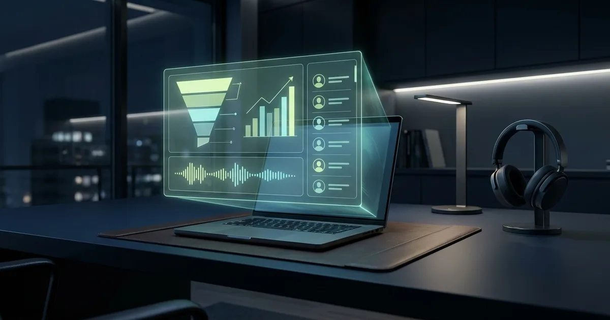 A sales professional's desk with a glowing AI dashboard showing call analytics, a prospecting pipeline, and CRM data