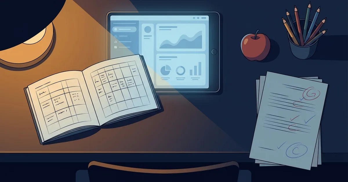 A teacher's desk with a glowing AI dashboard connected to lesson plans and classroom materials