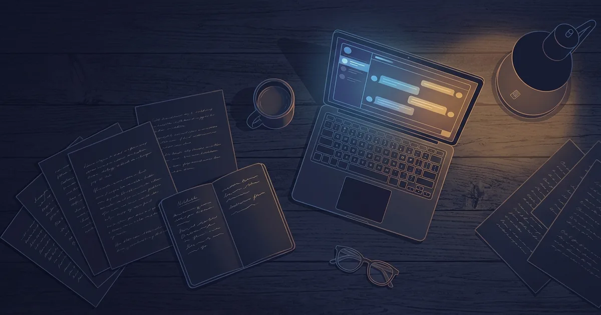 A writer's desk with a glowing AI dashboard connected to manuscript pages and a chat interface