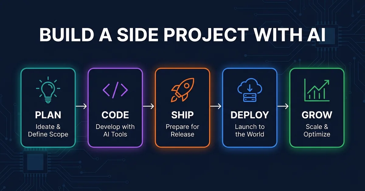 Build a side project with AI - 5-step plan, code, ship, deploy, grow pipeline 2026