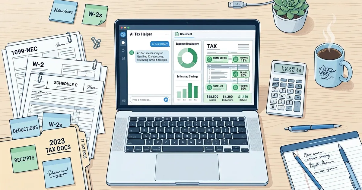 Laptop showing AI tax assistant chat with expense breakdown next to W-2, 1099, and receipt documents