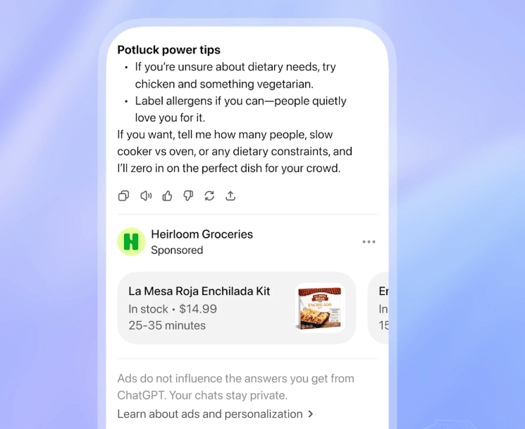 ChatGPT shopping ad format showing Heirloom Groceries sponsored product below a ChatGPT response