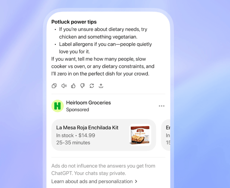 ChatGPT shopping ad format - Heirloom Groceries sponsored product appearing below a ChatGPT cooking response
