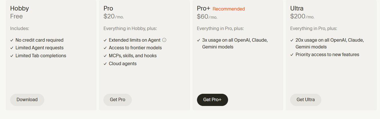 Cursor AI pricing plans 2026 - official pricing page showing Hobby free, Pro $20/month (Pro+ recommended), and Ultra $200/month with feature comparison including Agent requests, frontier model access, MCPs, and cloud agents