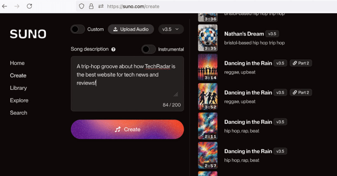 Suno AI create interface showing the song description input field with Simple Mode active