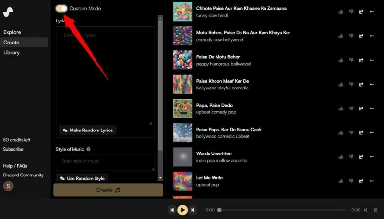 Suno AI custom mode interface showing lyrics field, style field, BPM and key controls