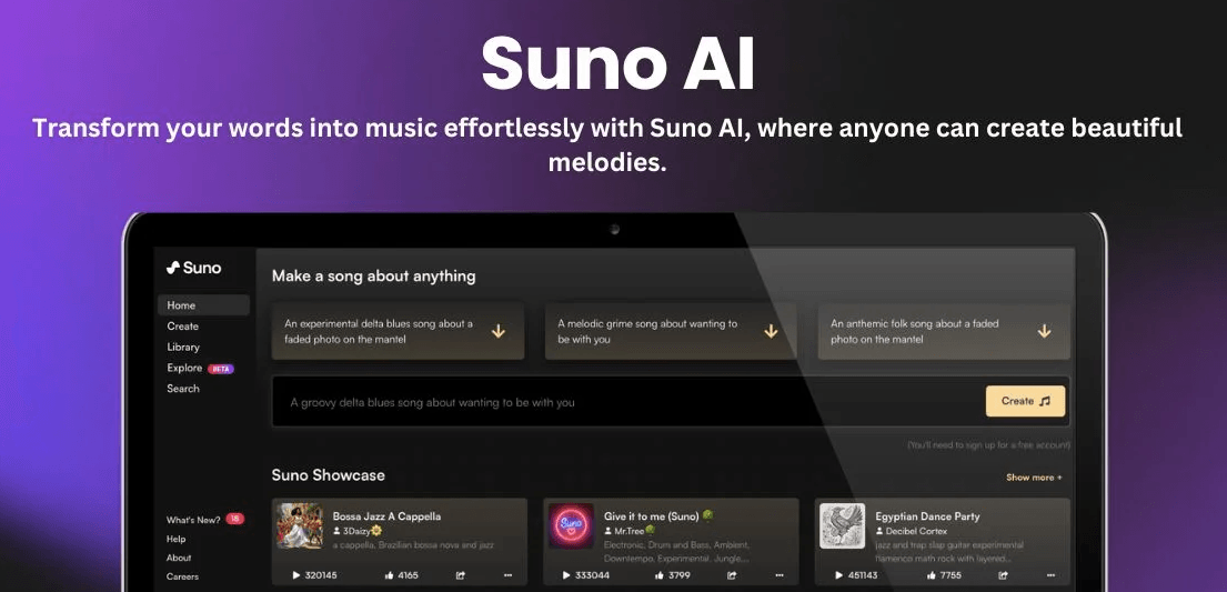 Suno AI interface showing the music creation dashboard with song prompts and library 2026